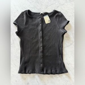 Free People Intimately Black Ribbed Mock Neck Snap Front Top L NWT